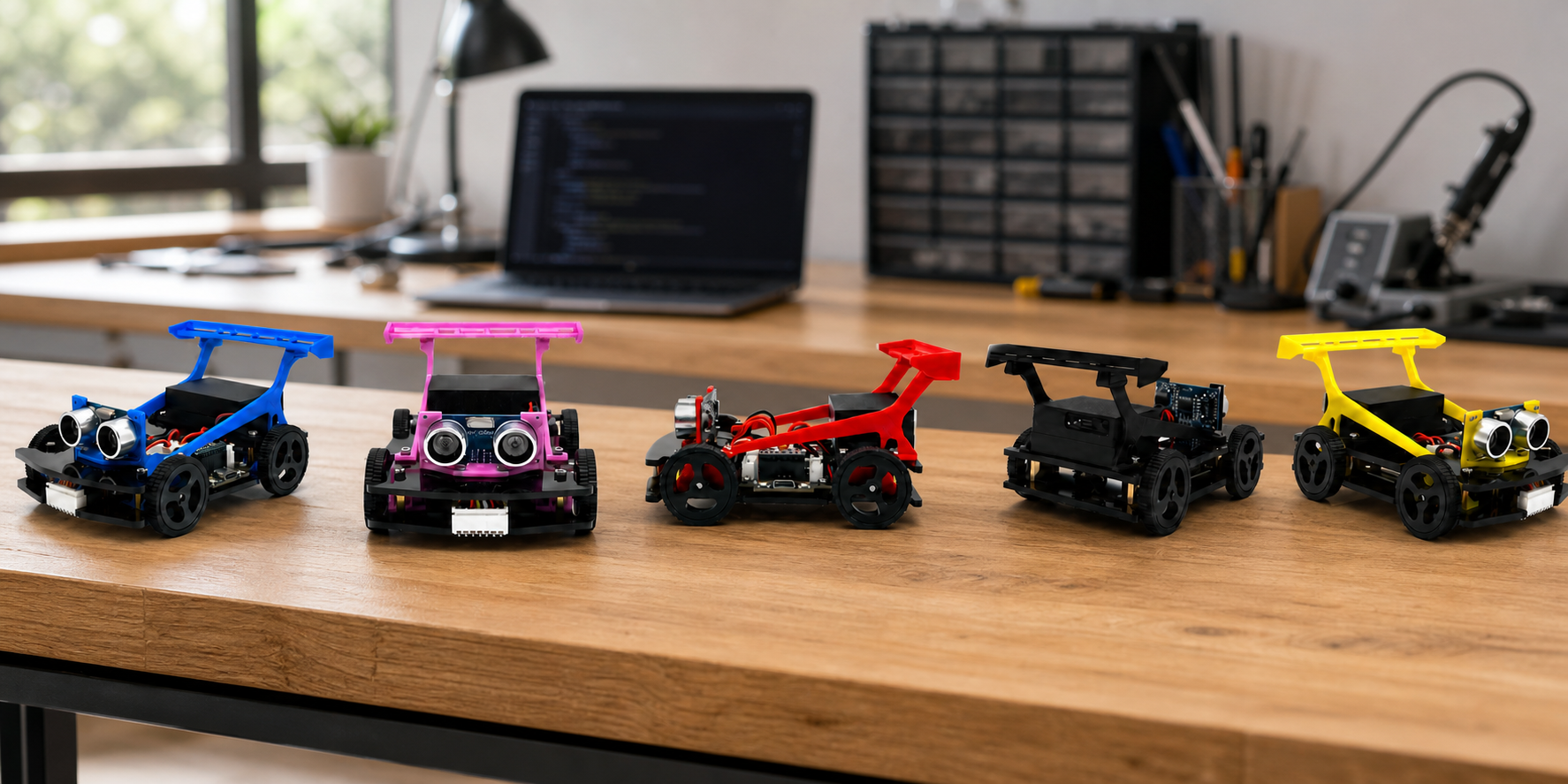Five MAKIQO Robocars in blue, pink, red, black, and yellow on a workshop table