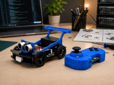Blue MAKIQO Robocar with its matching programmable remote control