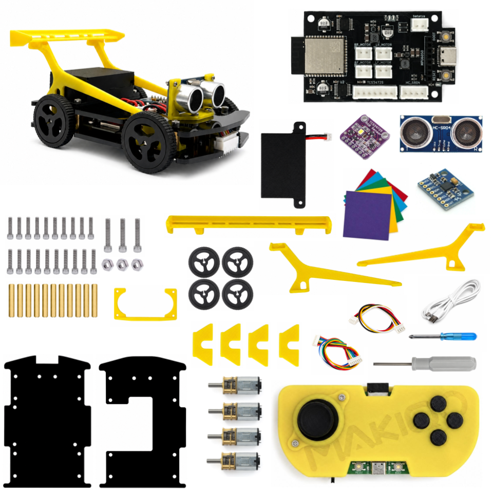 Complete MAKIQO Robocar kit contents including chassis, controller, boards, sensors, motors, wheels, battery, fasteners, cables, and tools