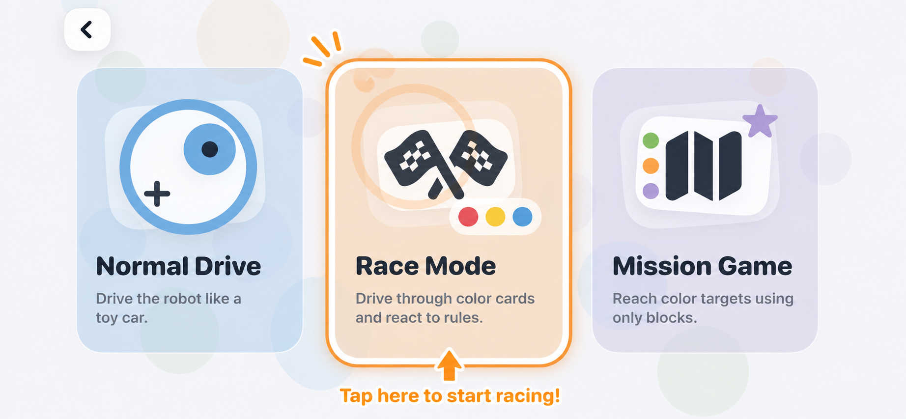 MAKIQO app screen with Race Mode selected